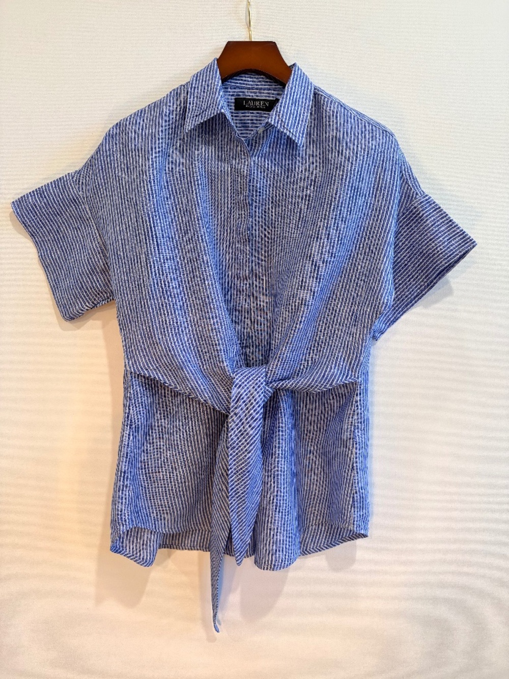 Lauren Ralph Lauren Blue White Striped Linen Tie Front Button Shirt Petite PS
